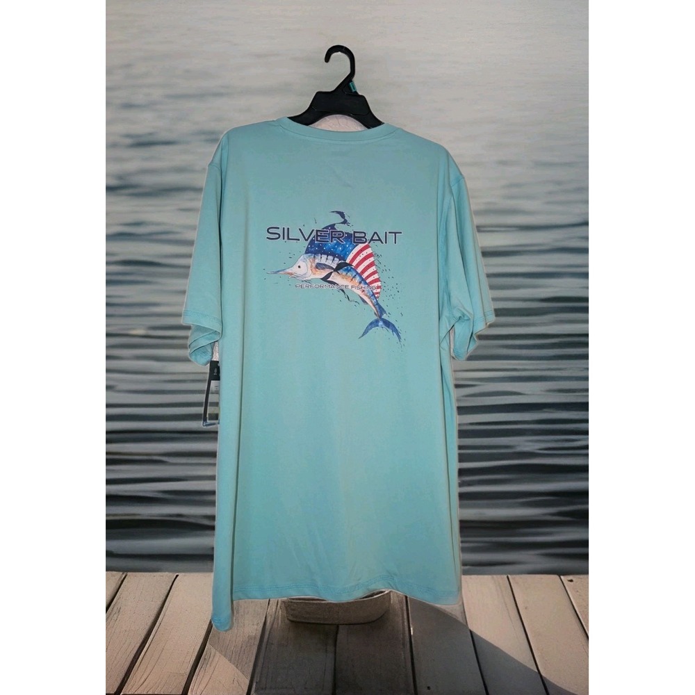 NEW Silver Bait Mens Med Flag Short Sleeve Performance Fishing Shirt UPF50 Aqua